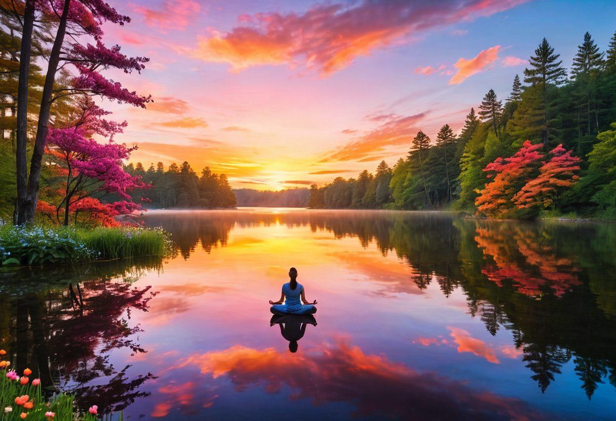 A serene landscape depicting a sunrise over a tranquil lake, symbolizing the dawn of a positive mindset. Include a person meditating on the shore with a radiant aura around them, surrounded by verdant trees and colorful flowers. The sky should reflect vibrant hues of orange and pink, radiating warmth and optimism. In the foreground, uplifting quotes about happiness should be subtly integrated into the scene. surrealistic. vibrant colors. 3D.