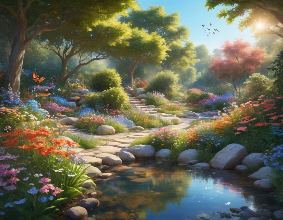 A serene landscape depicting a peaceful garden with blooming flowers, a clear blue sky, and a gentle stream flowing through. In the foreground, a person practicing meditation surrounded by vibrant butterflies and soft, glowing light, symbolizing joy and mental well-being. Soft, warm colors enhance the atmosphere of tranquility and happiness. super-realistic. vibrant colors.