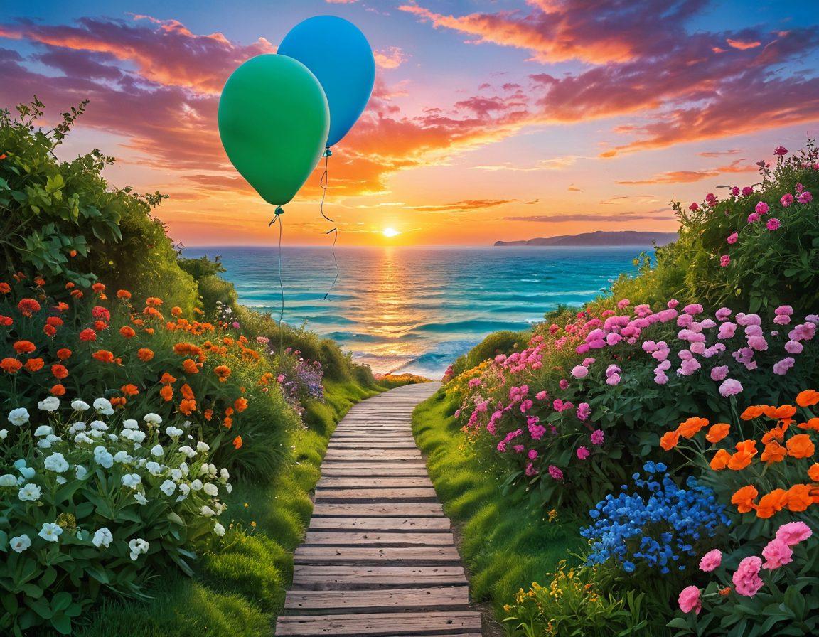 A serene landscape depicting a lush green path leading from a tranquil garden filled with soft flowers to a vibrant, colorful sunset over a calm ocean. Along the path, visual metaphors of mental wellness, such as floating balloons and open books, symbolize growth and enlightenment. The sky above transitions from soothing blues to warm pinks and oranges, emphasizing the journey towards euphoria. super-realistic. vibrant colors.